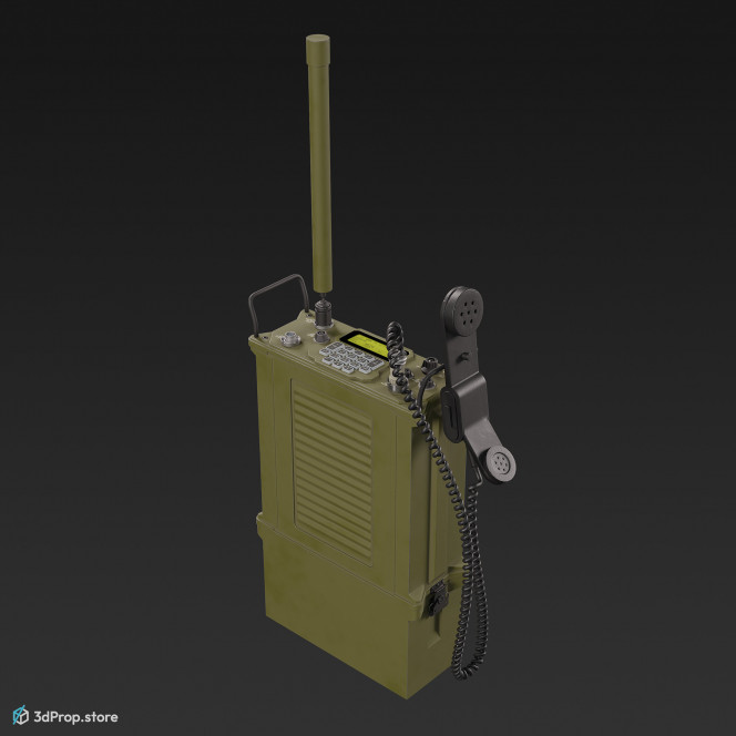 3D model of a military green radio set, with corded telephone with black handset and with long antenna for better radio signal, from 2020 USA.