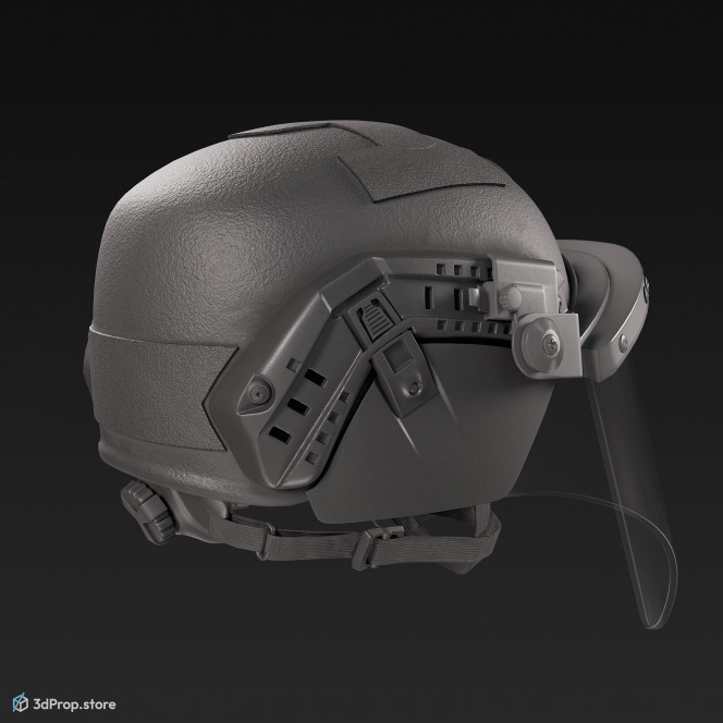 3D model of a military helmet with visor in four different color variations, made of Kevlar and plastic shield, from 2020, USA.