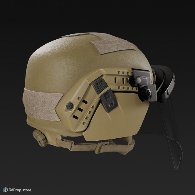 3D model of a military green modern military helmet with visor, made of Kevlar and plastic shield, from 2020, USA.