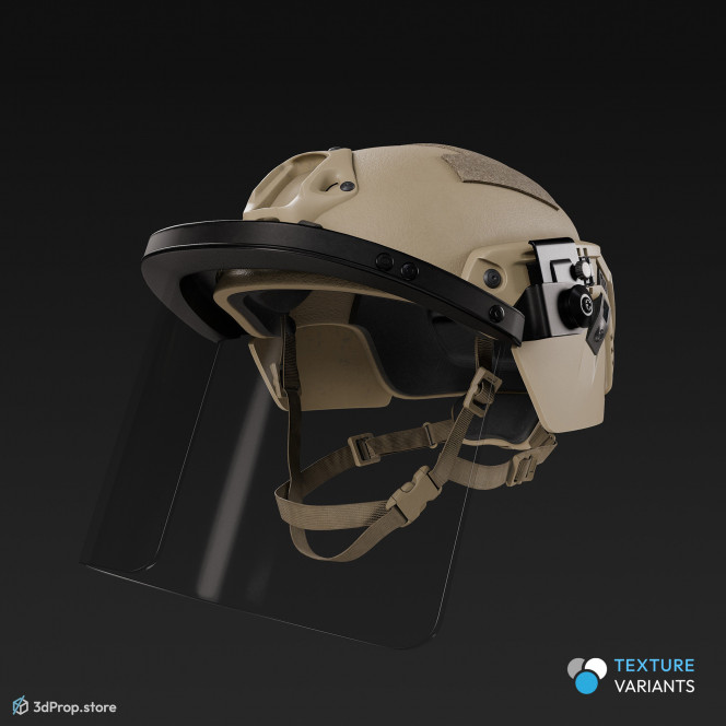 3D model of a military helmet with visor in four different color variations, made of Kevlar and plastic shield, from 2020, USA.