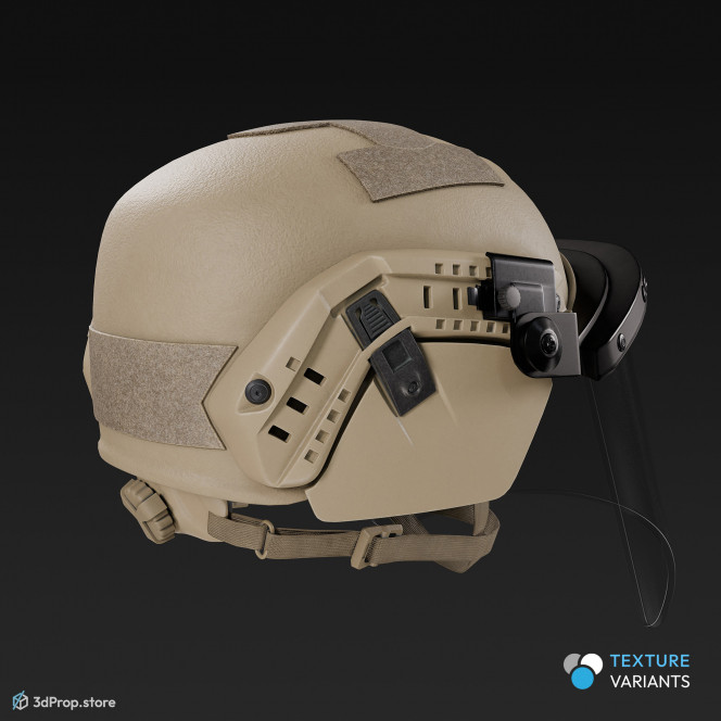 3D model of a military helmet with visor in four different color variations, made of Kevlar and plastic shield, from 2020, USA.