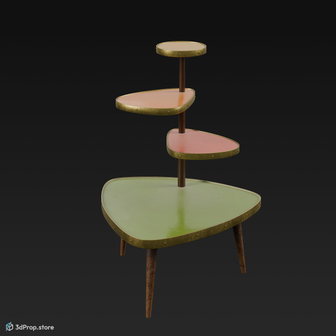 3D model of a colourful plastic and wooden flower stand with metal cover strips, from 1960 USA.