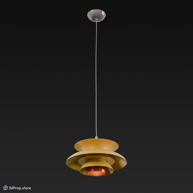 3D model of a yellow, hanging lamp made of metal, plastic and glass, from 1960, USA.