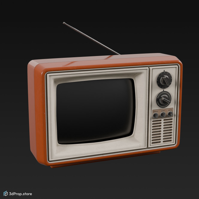 3D model of an old-fashioned TV with orange frame, from 1960 USA.