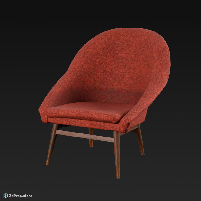 3D model of a red armchair with red textile and wooden legs, from 1960 USA.