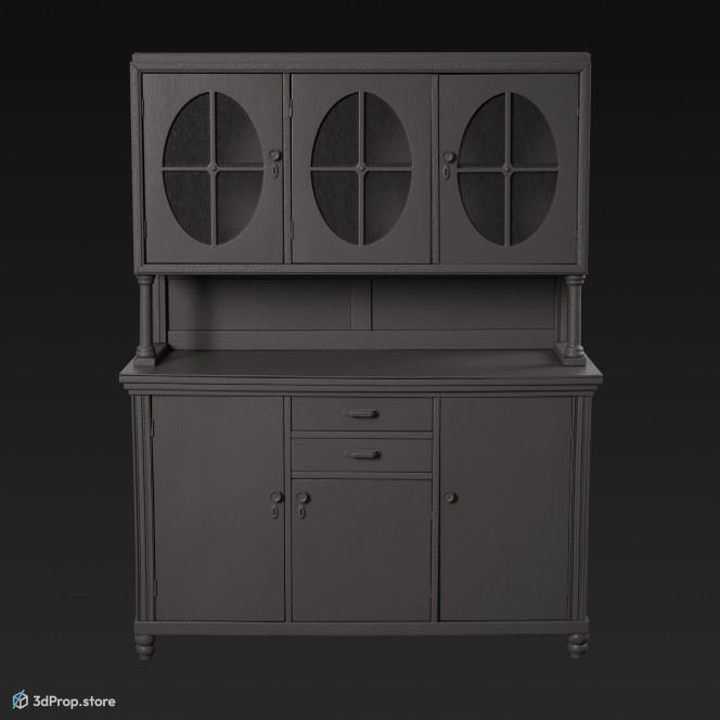 3D model of a blue, wooden kitchen cupboard from 1960 USA.