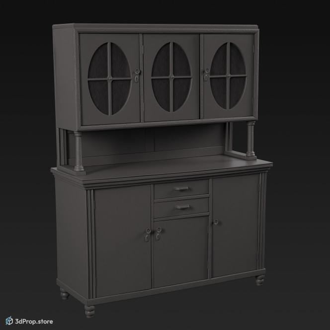 3D model of a blue, wooden kitchen cupboard from 1960 USA.