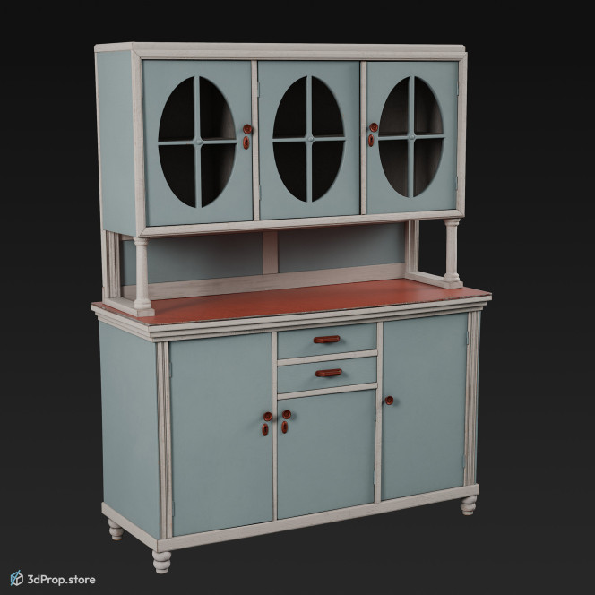 3D model of a blue, wooden kitchen cupboard from 1960 USA.