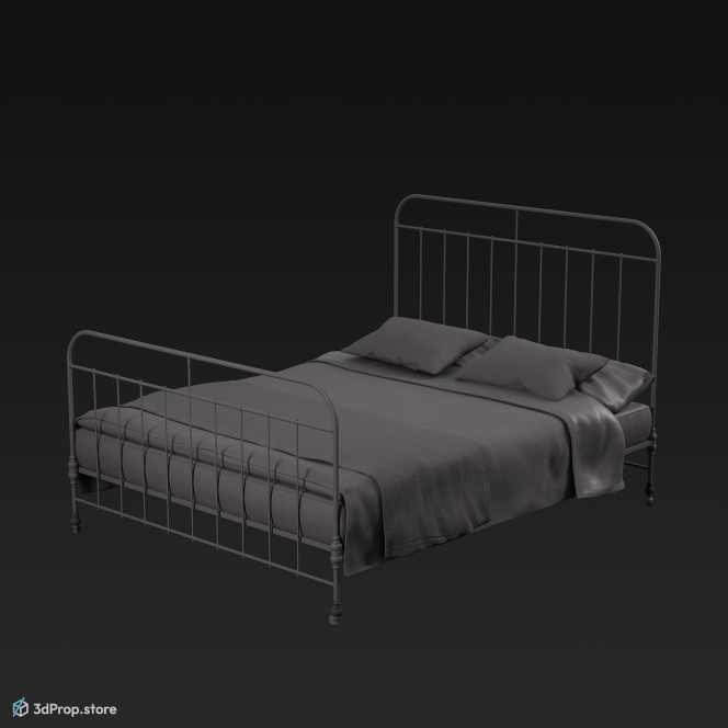 3D model of a red painted metal framed double bed with yellow pillowcases and blanket from 1960, USA.