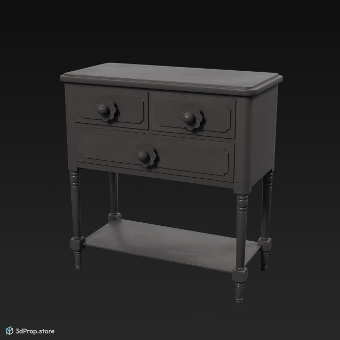 3D model of a yellow painted wooden nightstand, with white ceramic handles from 1960, USA.