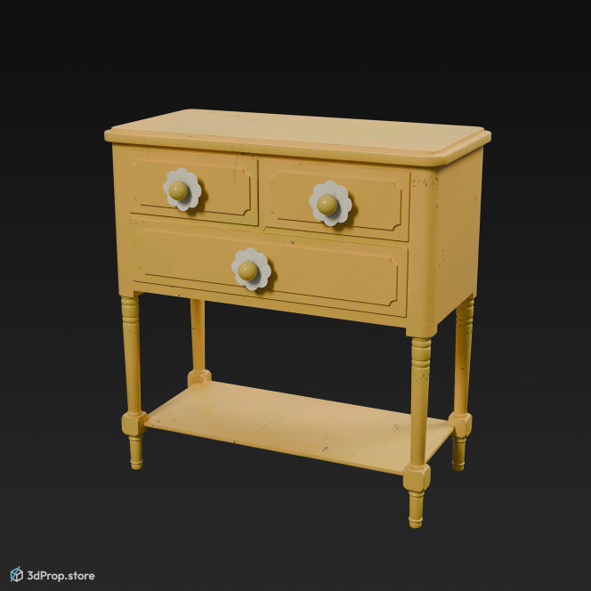 3D model of a yellow painted wooden nightstand, with white ceramic handles from 1960, USA.