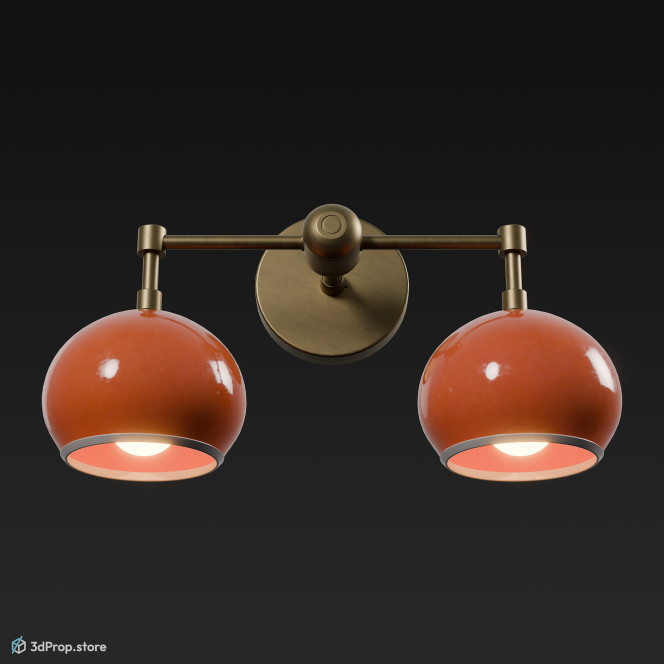 3D model of a metal wall lamp with two spherical, glass lampshades from 1960 USA.