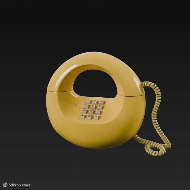 3D model of a yellow, plastic wired telephone from 1960, USA.