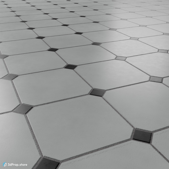 2D photo texture of a large white tile pattern with small black tile pieces from 1960, USA.