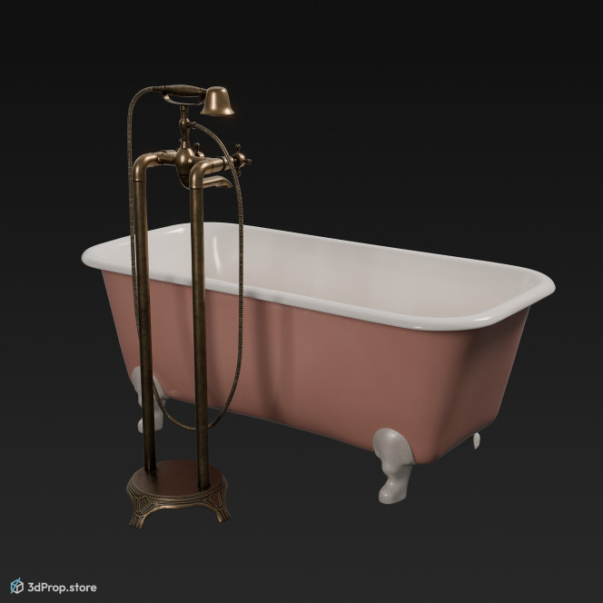 3D model of a four-legged, pink and white ceramic bathtub from 1950, USA.