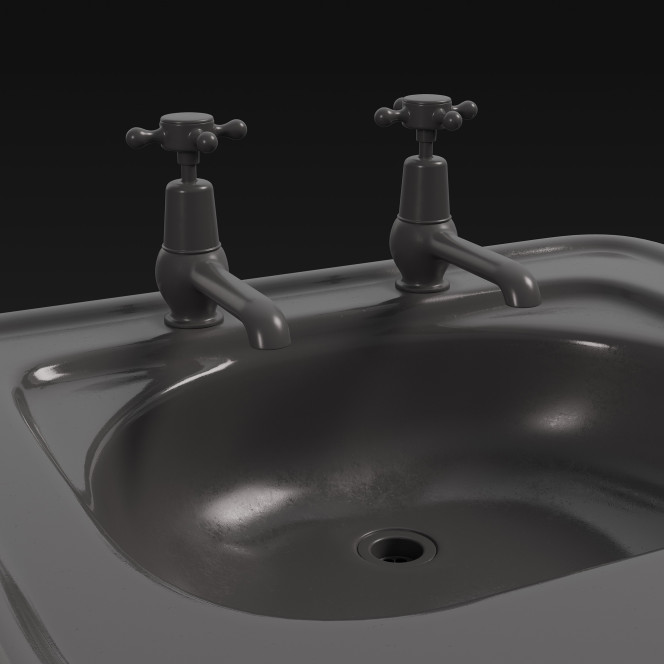 3D model of a pink, ceramic sink with two metal taps, from 1950, USA.