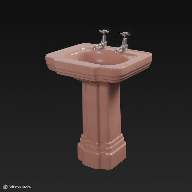 3D model of a pink, ceramic sink with two metal taps, from 1950, USA.