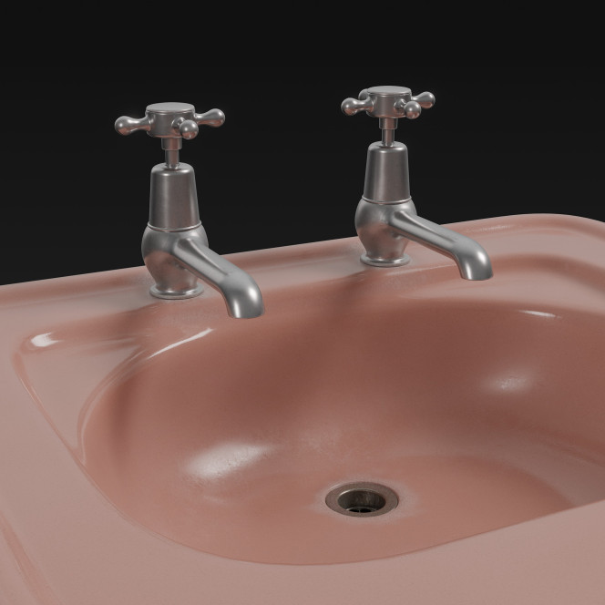 3D model of a pink, ceramic sink with two metal taps, from 1950, USA.