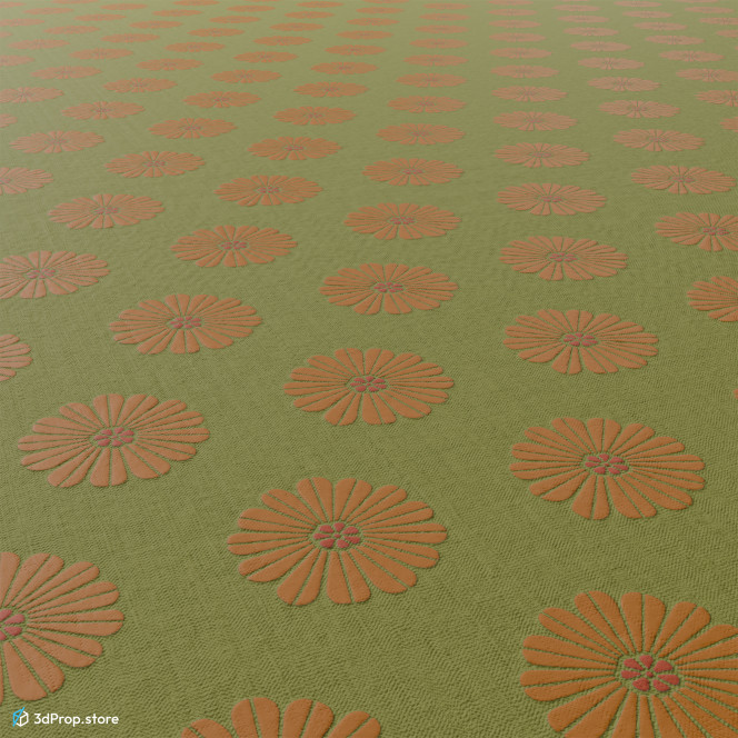 2D photo texture of a green wallpaper with flower-shaped patterns in orange from 1960, USA.