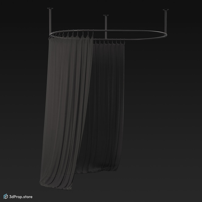 3D model of a plastic, transparent, white shower curtain, from 1960, USA.