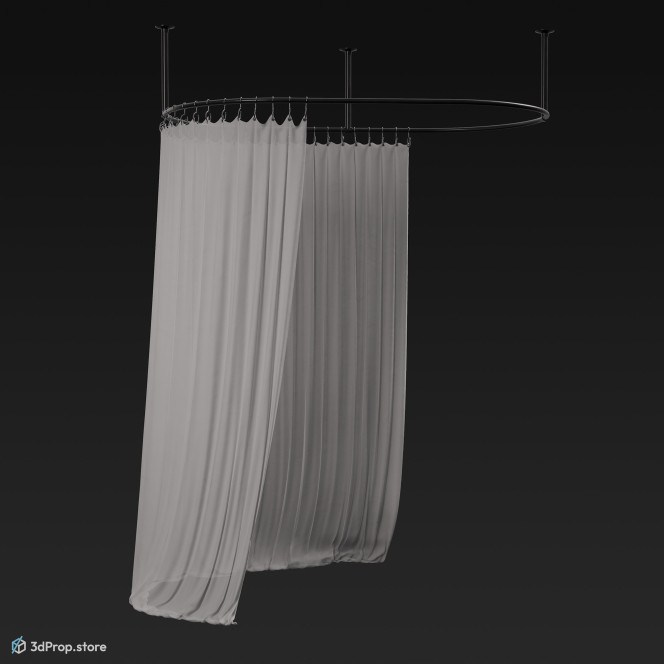 3D model of a plastic, transparent, white shower curtain, from 1960, USA.