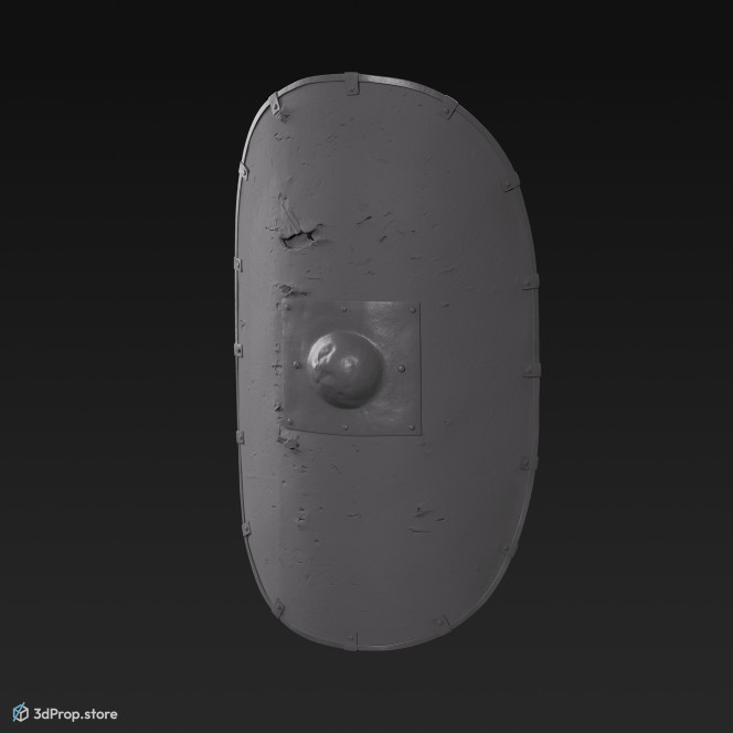 3d scan of a yellow, oval wooden shield with painted green wreath, with a sharp metal point in the middle, from AD 30s Roman Empire, Europe.