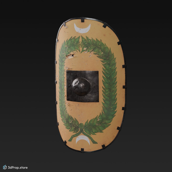 3d scan of a yellow, oval wooden shield with painted green wreath, with a sharp metal point in the middle, from AD 30s Roman Empire, Europe.