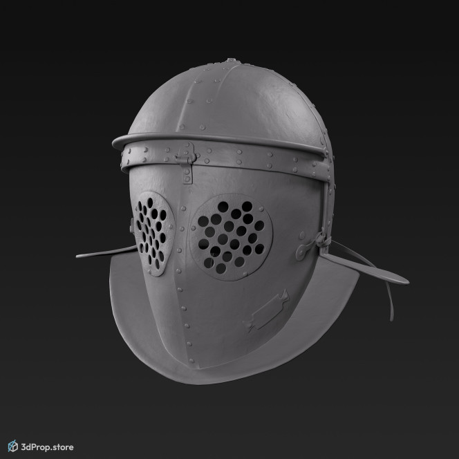 3D scan of a metal and leather helmet from AD 30, ancient Roman Empire, Europe.