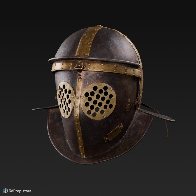 3D scan of a metal and leather helmet from AD 30, ancient Roman Empire, Europe.