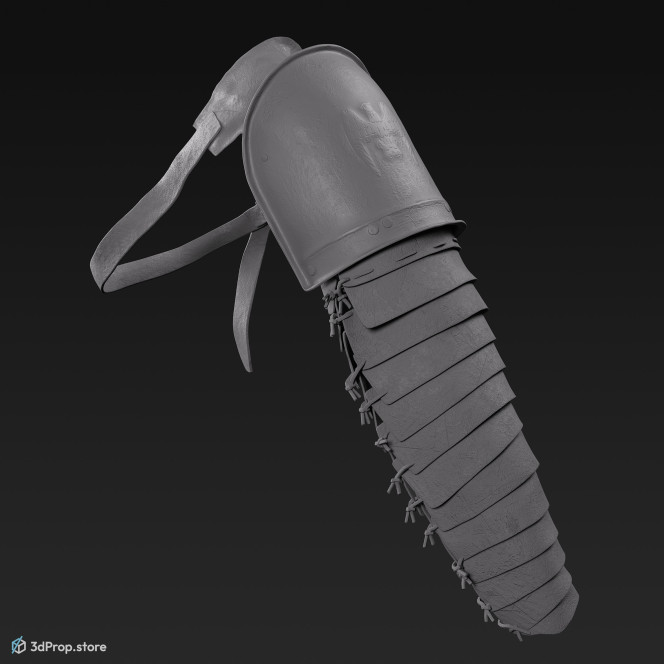 3D scan of a brown leather and metal arm protector from AD 30, Roman Empire, Europe.