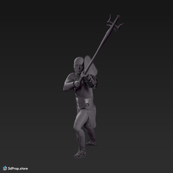 3D scan of a attacking retiarius or veles class gladiator man from AD 30, Roman Empire, Europe.
