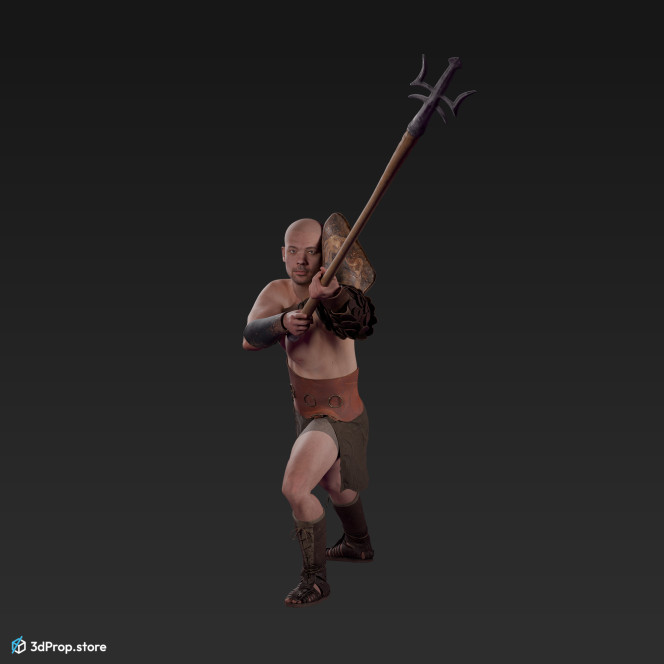 3D scan of a attacking retiarius or veles class gladiator man from AD 30, Roman Empire, Europe.