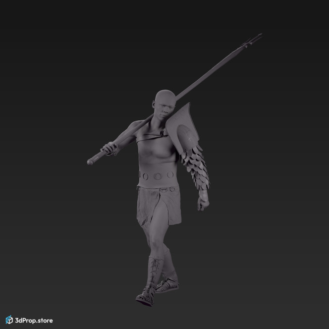 3D scan of a retiarius or veles class gladiator man in a walking A pose from AD 30, Roman Empire, Europe.