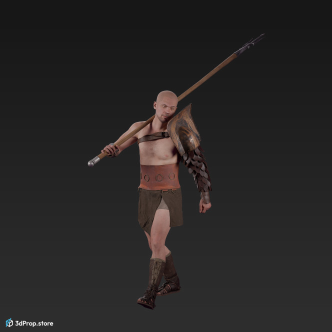 3D scan of a retiarius or veles class gladiator man in a walking A pose from AD 30, Roman Empire, Europe.