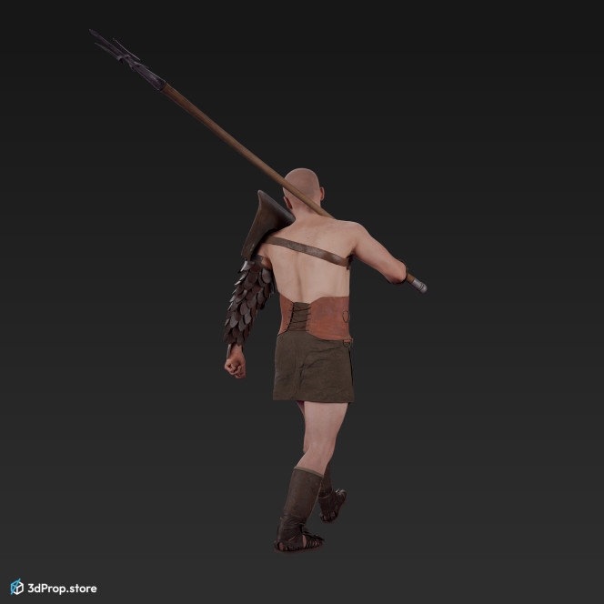3D scan of a retiarius or veles class gladiator man in a walking A pose from AD 30, Roman Empire, Europe.