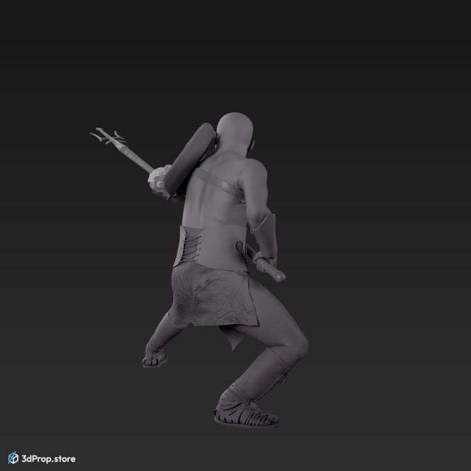 3D scan of a retiarius or veles class gladiator man in a fighting stance, wearing equipment befitting AD 30, Roman Empire.