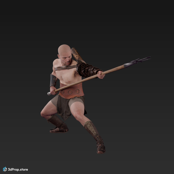 3D scan of a retiarius or veles class gladiator man in a fighting stance, wearing equipment befitting AD 30, Roman Empire.