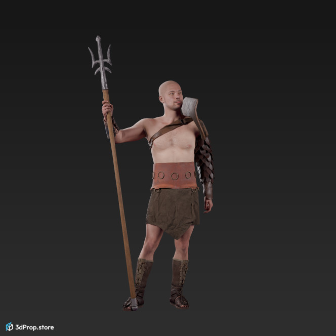 3D scan of a standing retiarius or veles class gladiator man from AD 30, Roman Empire, Europe.