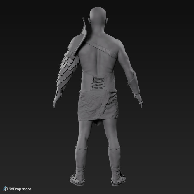 3D scan of a standing retiarius or veles class gladiator man in an A pose from AD 30, Roman Empire, Europe.