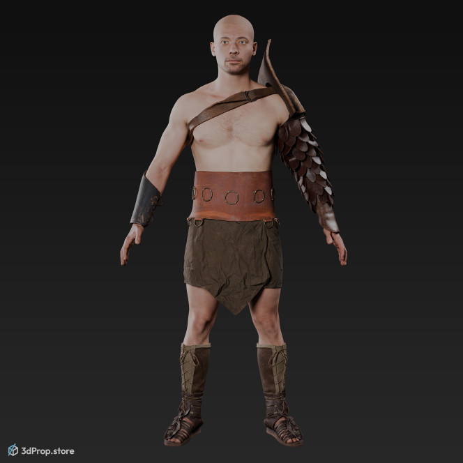 3D scan of a standing retiarius or veles class gladiator man in an A pose from AD 30, Roman Empire, Europe.