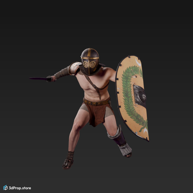 3D scan of a Provocator or Challenger class gladiator man in an attacking pose from AD 30, Roman Empire, Europe.