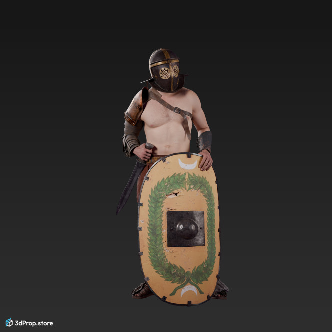 3D scan of a Provocator or Challenger class gladiator man in a standing pose from AD 30, Roman Empire, Europe.
