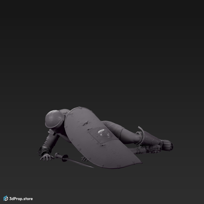 3D scan of a Provocator or Challenger class gladiator man from AD 30, Roman Empire, laying in a beaten down pose.