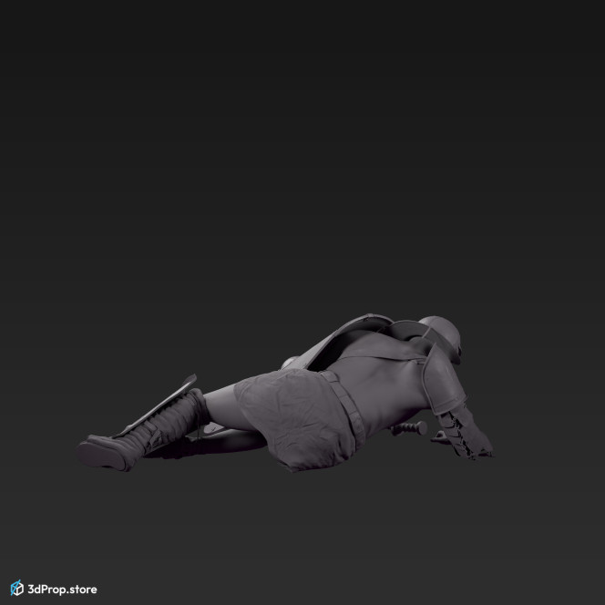 3D scan of a Provocator or Challenger class gladiator man from AD 30, Roman Empire, laying in a beaten down pose.