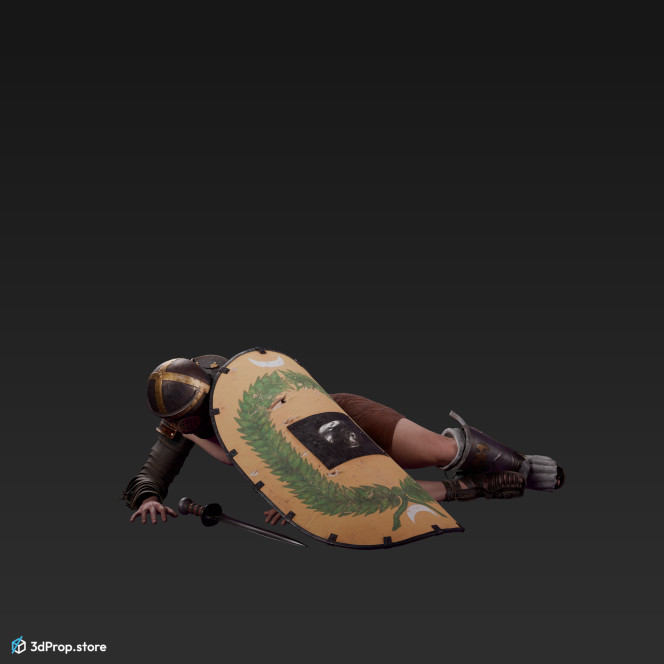 3D scan of a Provocator or Challenger class gladiator man from AD 30, Roman Empire, laying in a beaten down pose.