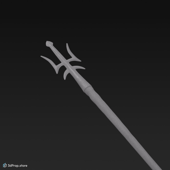 3D model of a sharp trident with long, wooden handle and tree-pronged ending, from AD 30, Roman Empire, Europe.