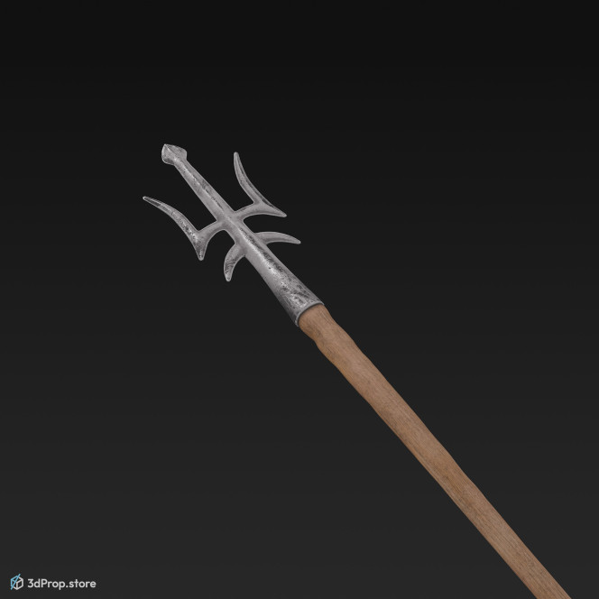 3D model of a sharp trident with long, wooden handle and tree-pronged ending, from AD 30, Roman Empire, Europe.