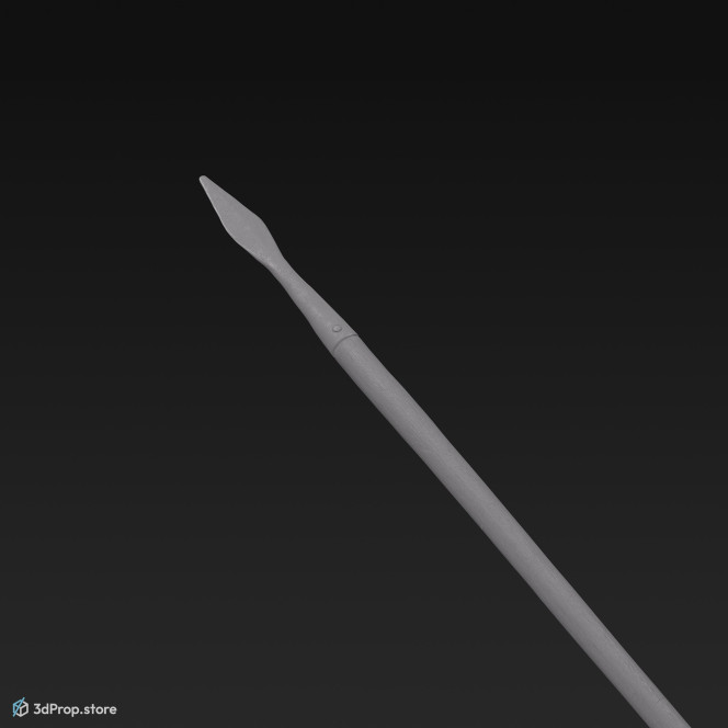 3D model of a gladiator spear, with long, wooden handle and sharp pronged ending, from AD 30, Roman Empire, Europe.