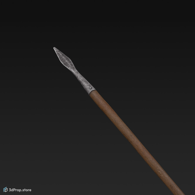 3D model of a gladiator spear, with long, wooden handle and sharp pronged ending, from AD 30, Roman Empire, Europe.