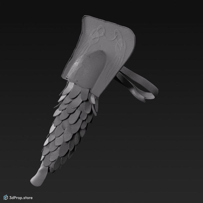 3D scan of a brown leather and metal arm protector from AD 30, Roman Empire, Europe.